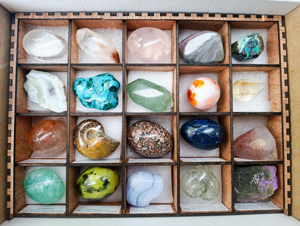 Polished and Natural Mixed Set of 20 African Minerals Crystals and Fossil in a Wooden Display Box x 1 From Southern Africa