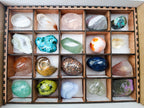 Polished and Natural Mixed Set of 20 African Minerals Crystals and Fossil in a Wooden Display Box x 1 From Southern Africa