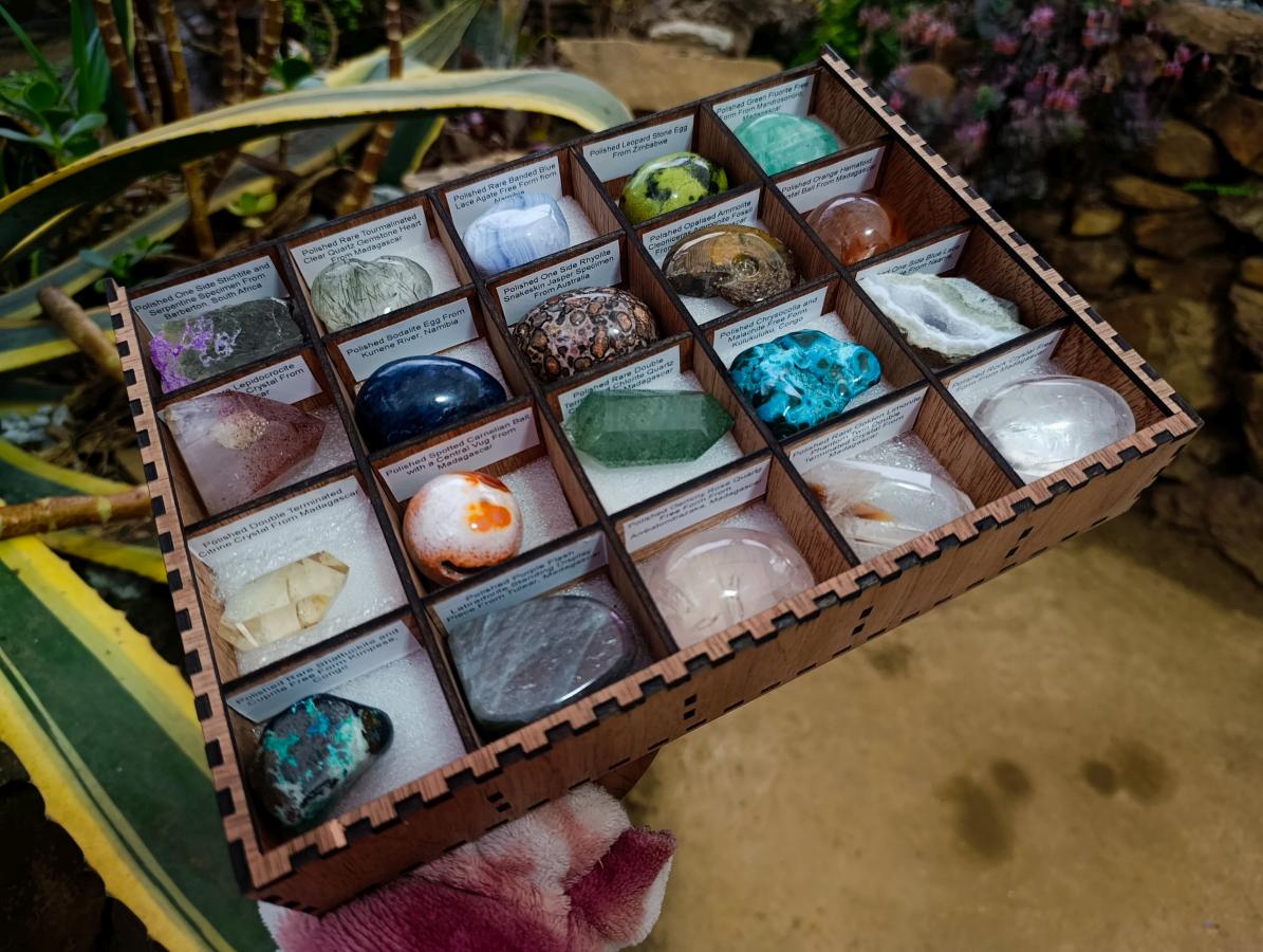 Polished and Natural Mixed Set of 20 African Minerals Crystals and Fossil in a Wooden Display Box x 1 From Southern Africa