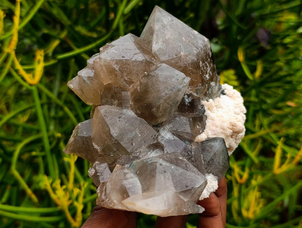 Natural Stacked Erongo Mountain Phantom Smokey Quartz Crystal Cluster with Fluorescent Hyalite x 1 From Erongo, Namibia