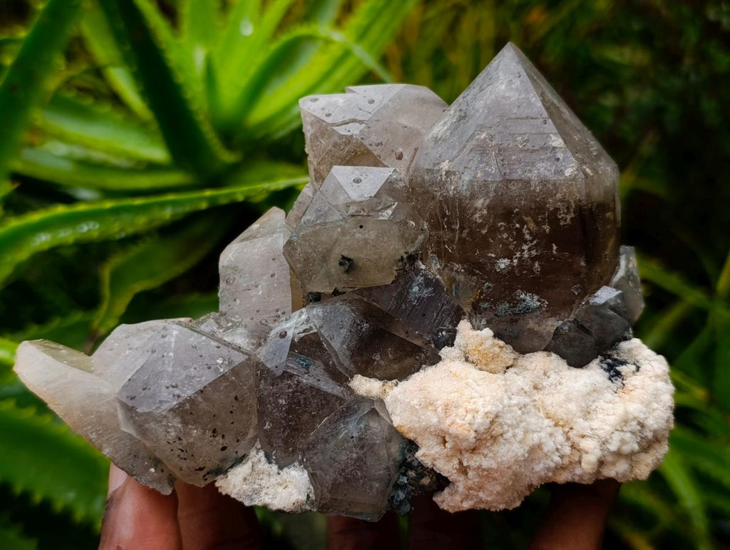 Natural Stacked Erongo Mountain Phantom Smokey Quartz Crystal Cluster with Fluorescent Hyalite x 1 From Erongo, Namibia
