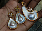 Hand Made Mabe Pearl Pendant and Matching Earrings Set with Tiny Melee Pointer Diamonds x 1 From Southern Africa
