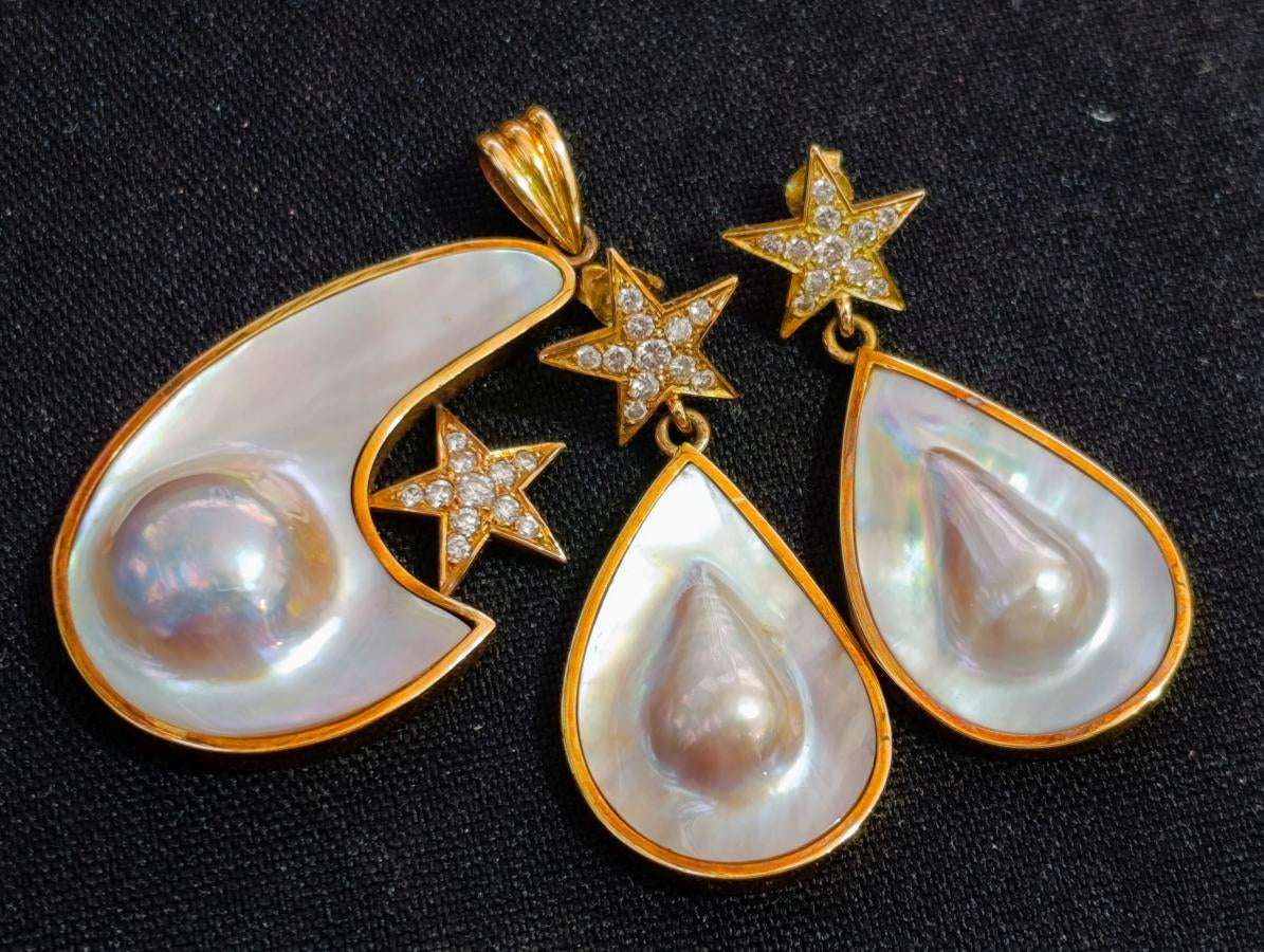 Hand Made Mabe Pearl Pendant and Matching Earrings Set with Tiny Melee Pointer Diamonds x 1 From Southern Africa