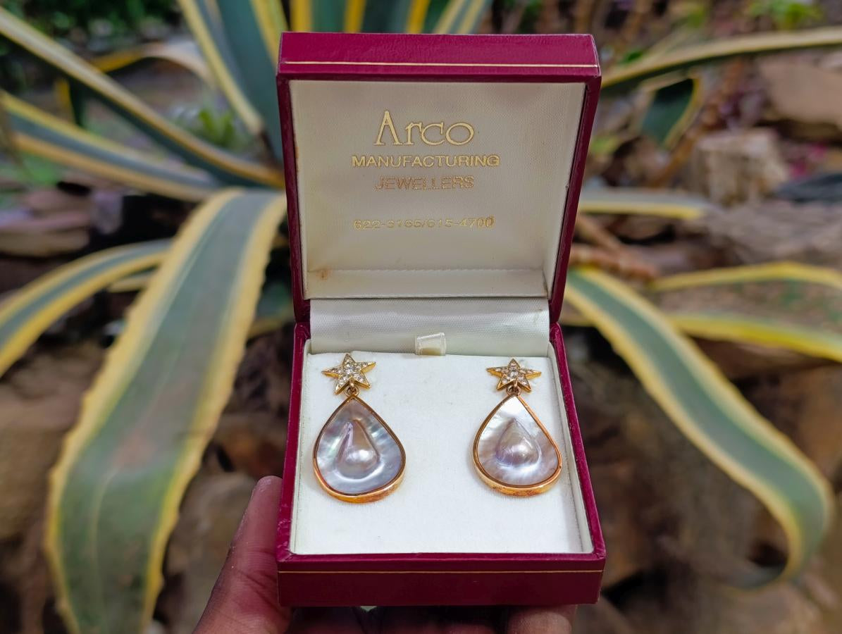 Hand Made Mabe Pearl Pendant and Matching Earrings Set with Tiny Melee Pointer Diamonds x 1 From Southern Africa