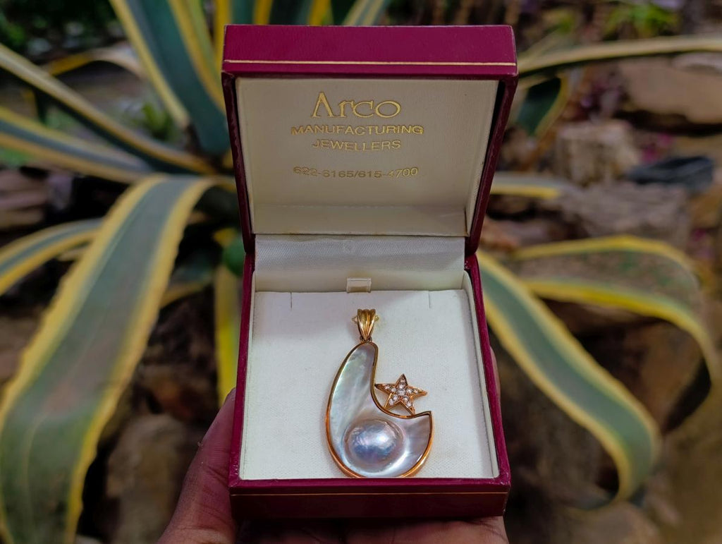 Hand Made Mabe Pearl Pendant and Matching Earrings Set with Tiny Melee Pointer Diamonds x 1 From Southern Africa