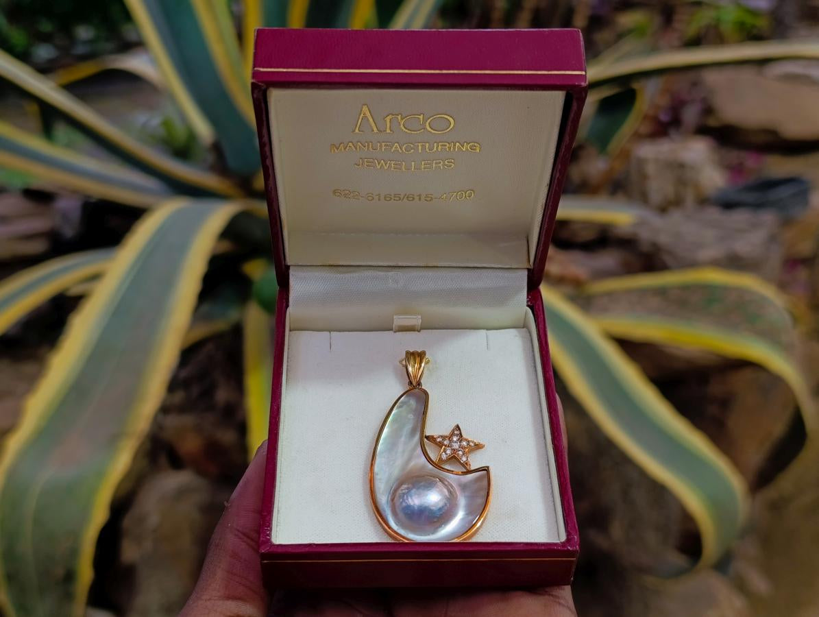 Hand Made Mabe Pearl Pendant and Matching Earrings Set with Tiny Melee Pointer Diamonds x 1 From Southern Africa