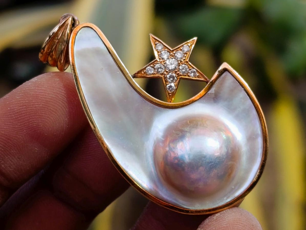 Hand Made Mabe Pearl Pendant and Matching Earrings Set with Tiny Melee Pointer Diamonds x 1 From Southern Africa