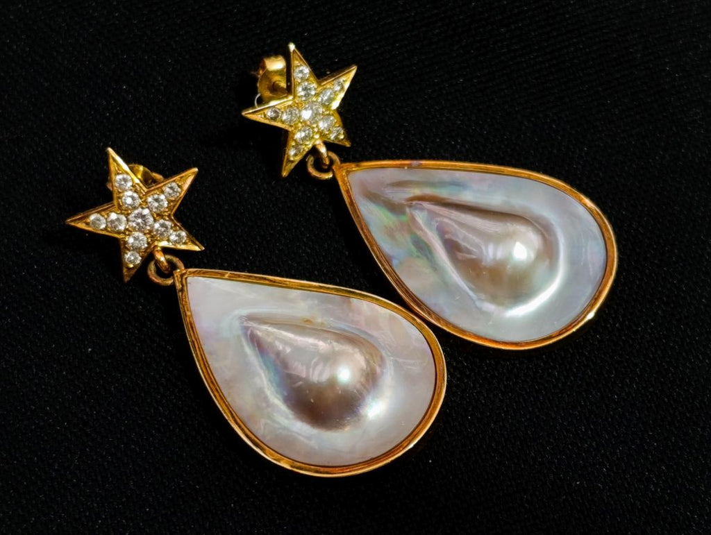 Hand Made Mabe Pearl Pendant and Matching Earrings Set with Tiny Melee Pointer Diamonds x 1 From Southern Africa
