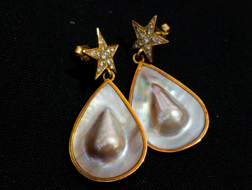 Hand Made Mabe Pearl Pendant and Matching Earrings Set with Tiny Melee Pointer Diamonds x 1 From Southern Africa