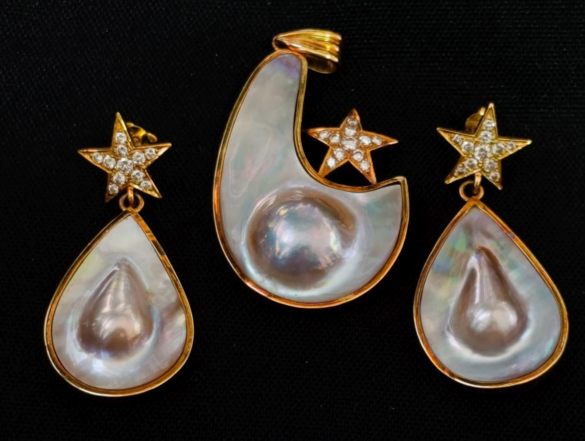 Hand Made Mabe Pearl Pendant and Matching Earrings Set with Tiny Melee Pointer Diamonds x 1 From Southern Africa