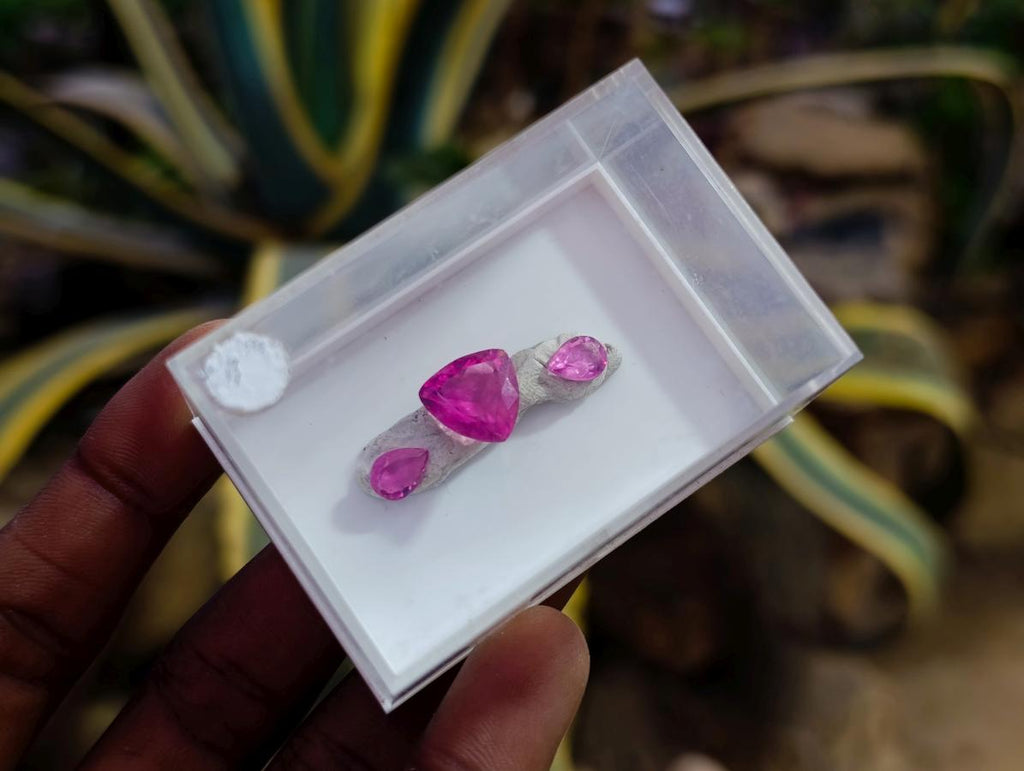 Polished Exquisite Set of 3 Hot Pink Tourmaline Faceted Stones with Trillion and Teardrop Cuts x 1 From Namibia
