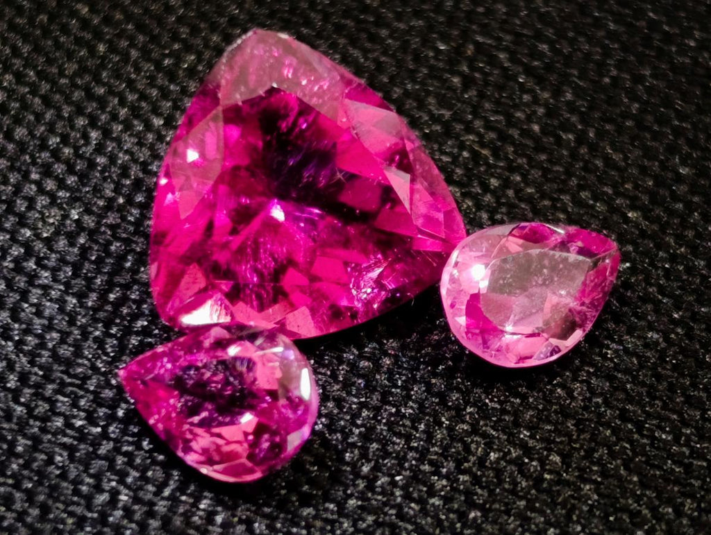 Polished Exquisite Set of 3 Hot Pink Tourmaline Faceted Stones with Trillion and Teardrop Cuts x 1 From Namibia