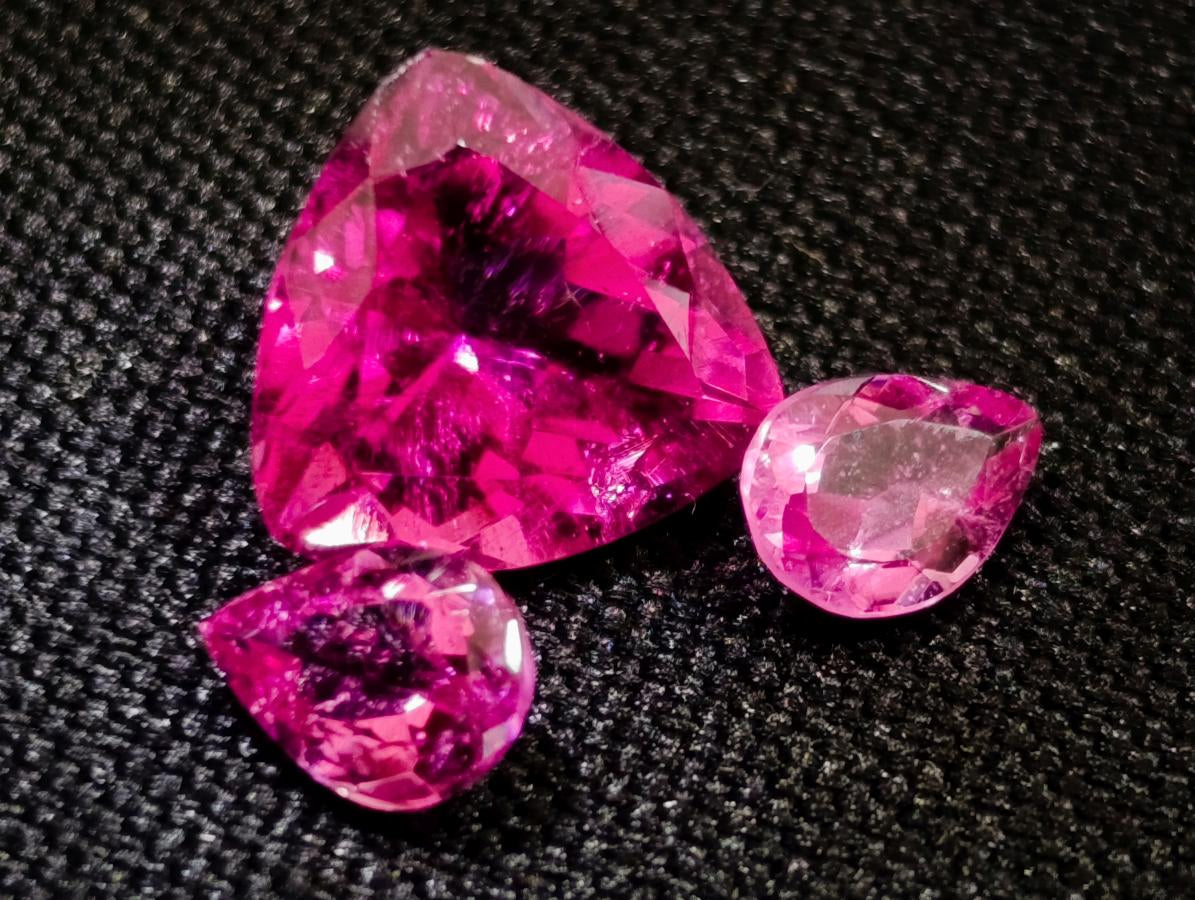 Polished Exquisite Set of 3 Hot Pink Tourmaline Faceted Stones with Trillion and Teardrop Cuts x 1 From Namibia