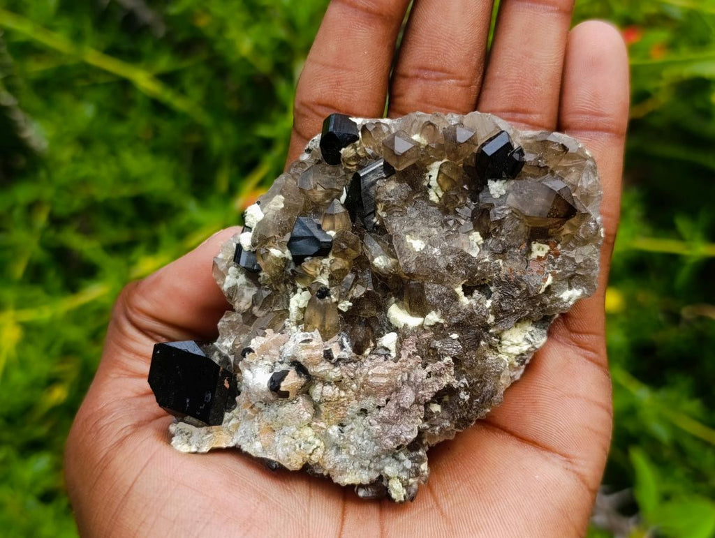 Natural Highly Fluorescent Schorl Black Tourmaline Smokey Quartz and Hyalite Opal Specimen x 1 From Erongo, Namibia