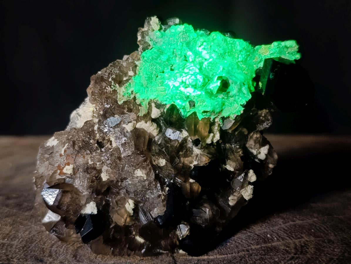 Natural Highly Fluorescent Schorl Black Tourmaline Smokey Quartz and Hyalite Opal Specimen x 1 From Erongo, Namibia