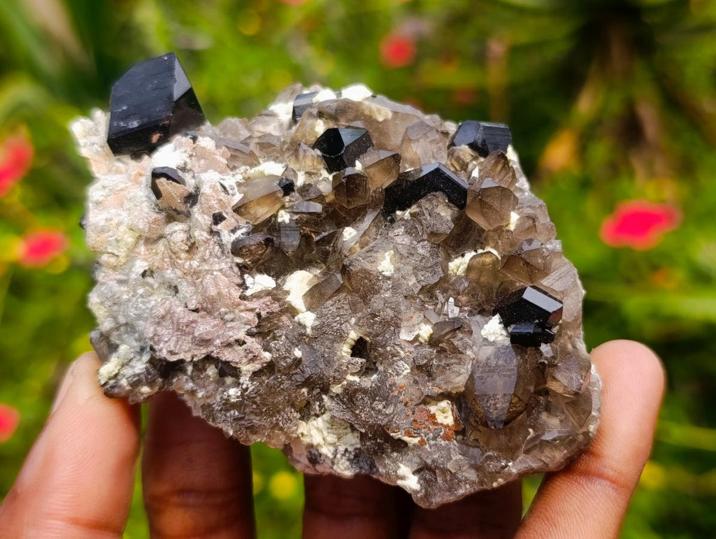 Natural Highly Fluorescent Schorl Black Tourmaline Smokey Quartz and Hyalite Opal Specimen x 1 From Erongo, Namibia