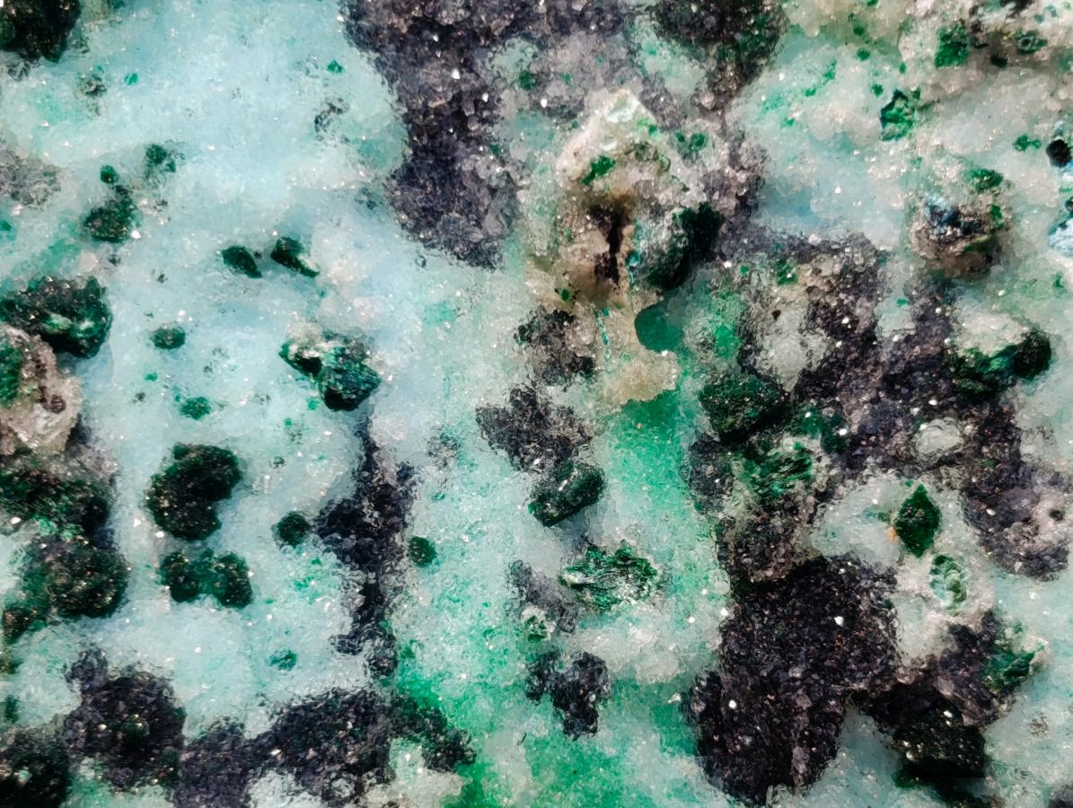 Natural Contrasting Triangular Drusy Coated Chrysocolla with Fibrous and Ball Malachite x 1 From Lupoto Mine, Congo