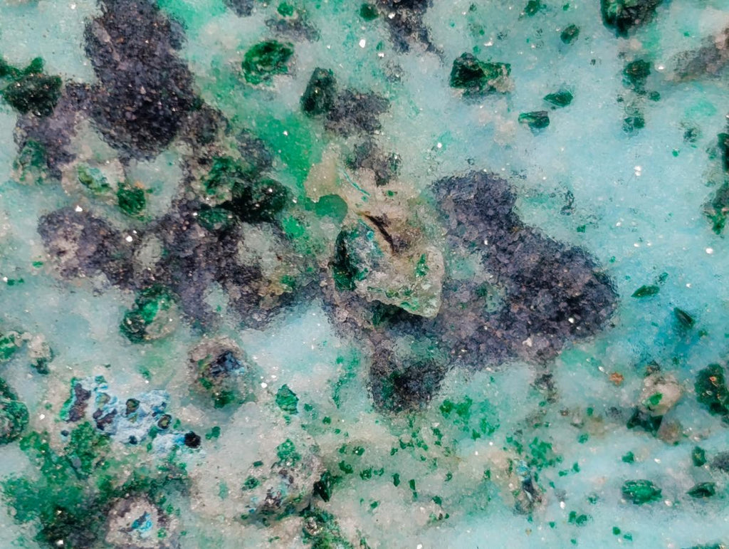 Natural Contrasting Triangular Drusy Coated Chrysocolla with Fibrous and Ball Malachite x 1 From Lupoto Mine, Congo