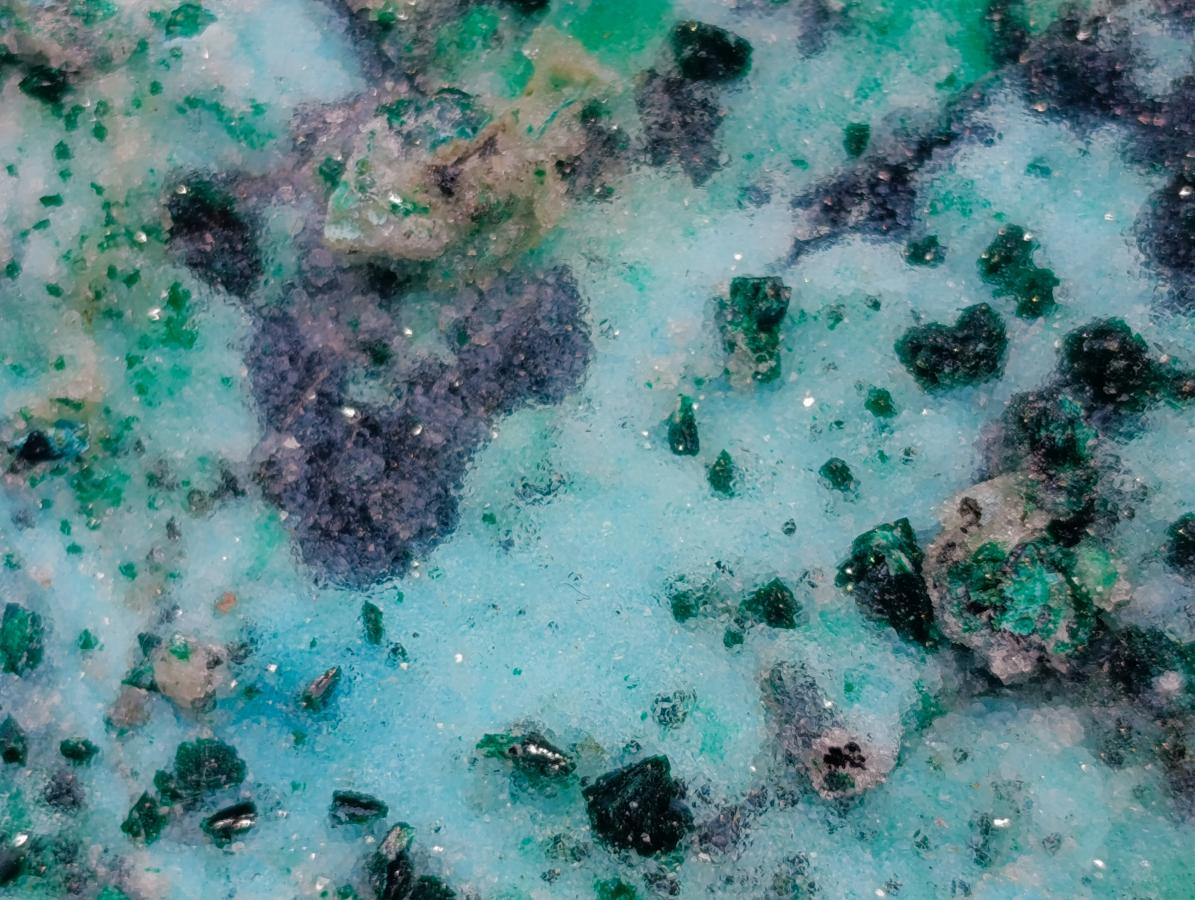 Natural Contrasting Triangular Drusy Coated Chrysocolla with Fibrous and Ball Malachite x 1 From Lupoto Mine, Congo