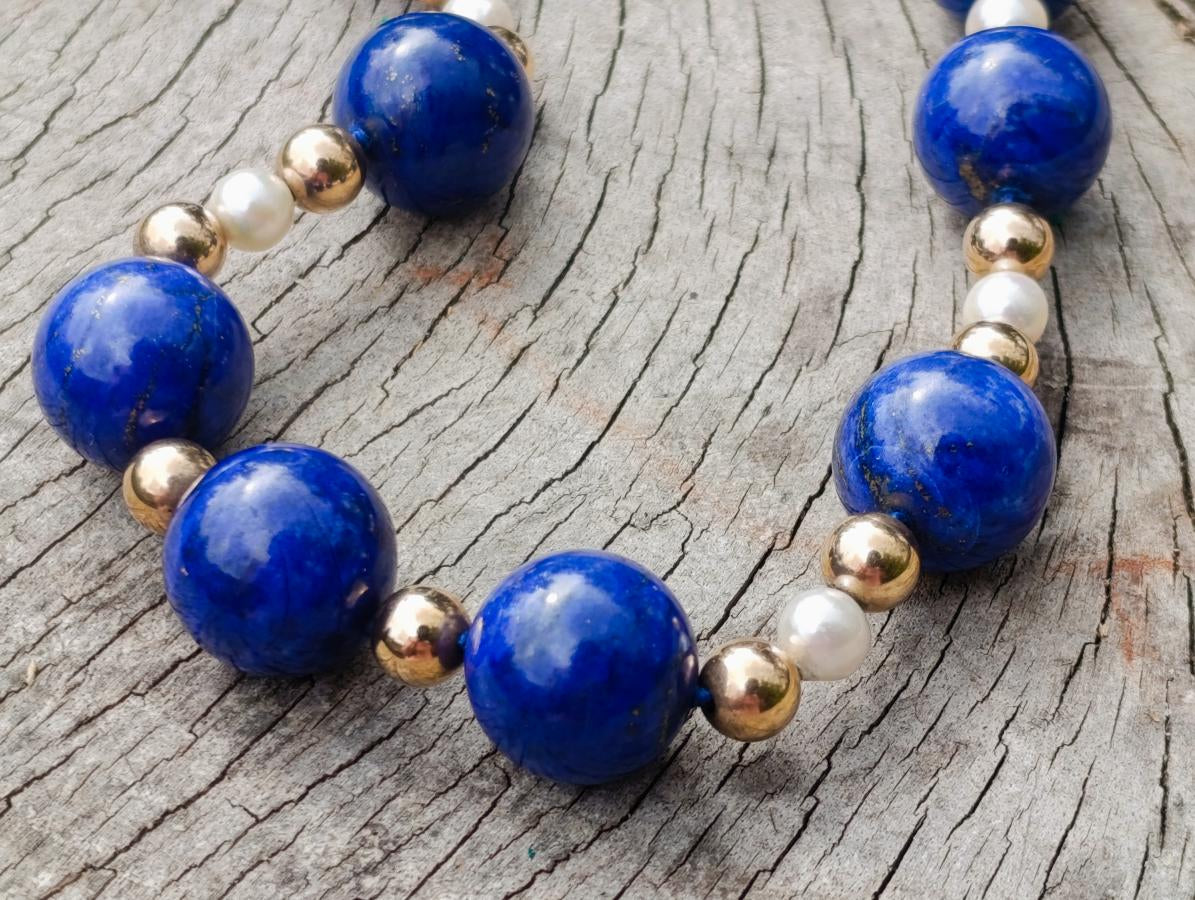 Hand Made Vintage 1980s Lapis Lazuli Pearl and Gold Plated Bead Necklace x 1 From Afghanistan