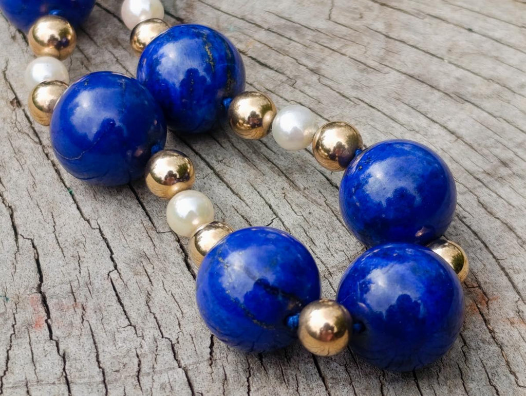 Hand Made Vintage 1980s Lapis Lazuli Pearl and Gold Plated Bead Necklace x 1 From Afghanistan
