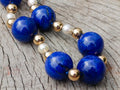 Hand Made Vintage 1980s Lapis Lazuli Pearl and Gold Plated Bead Necklace x 1 From Afghanistan