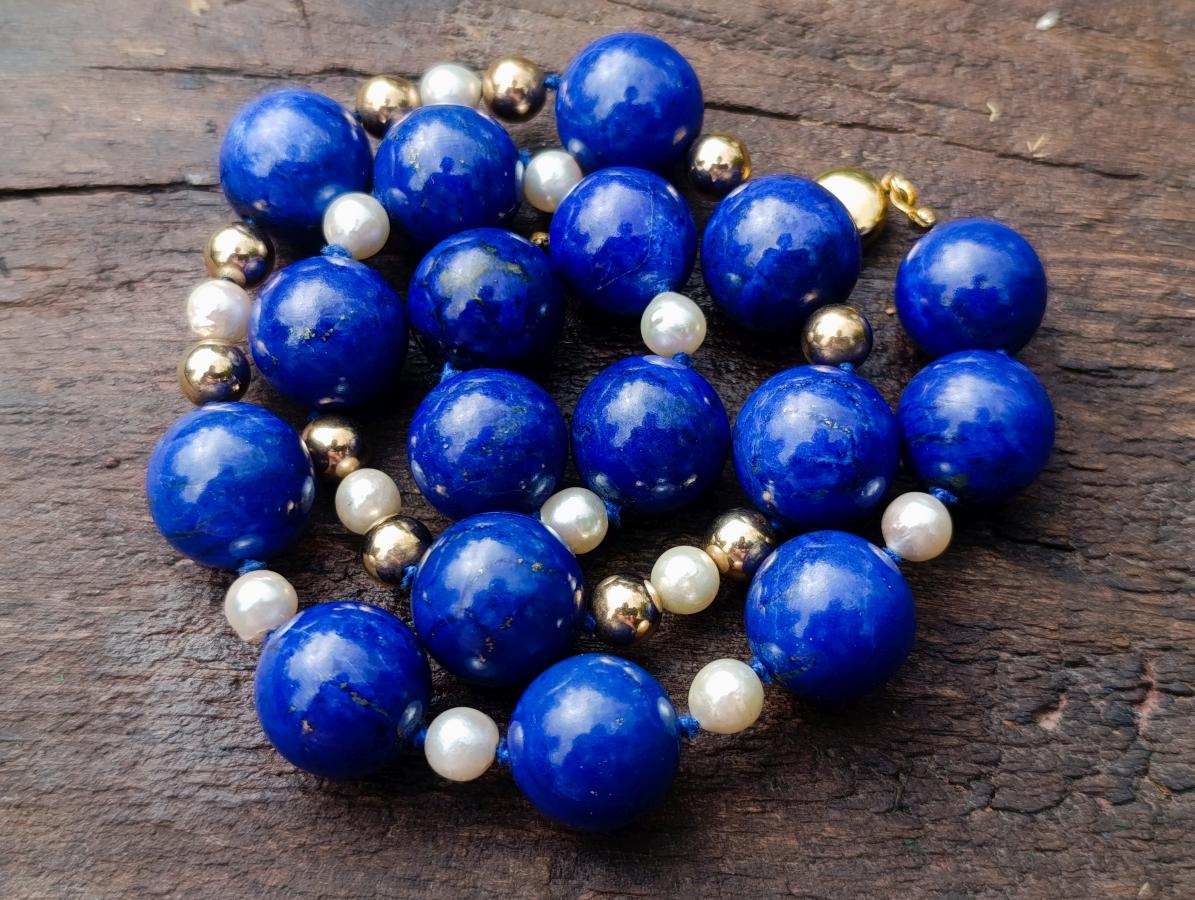 Hand Made Vintage 1980s Lapis Lazuli Pearl and Gold Plated Bead Necklace x 1 From Afghanistan