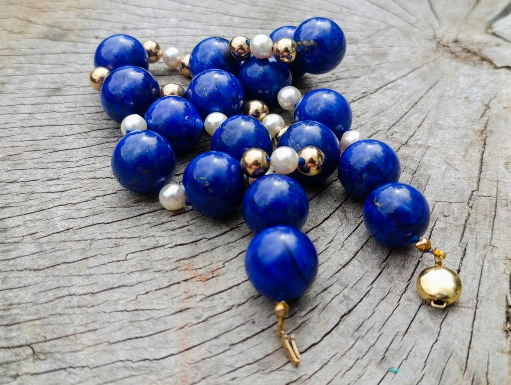 Hand Made Vintage 1980s Lapis Lazuli Pearl and Gold Plated Bead Necklace x 1 From Afghanistan