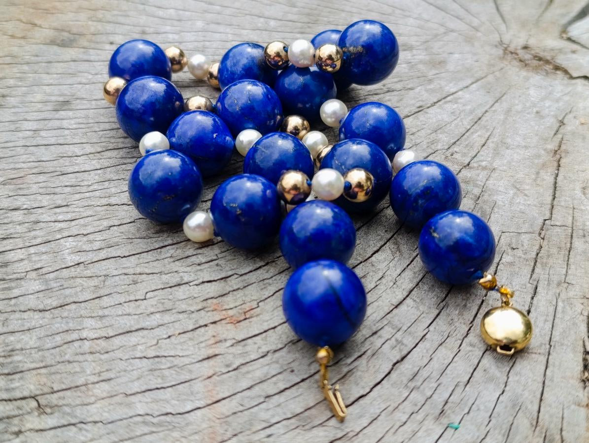 Hand Made Vintage 1980s Lapis Lazuli Pearl and Gold Plated Bead Necklace x 1 From Afghanistan