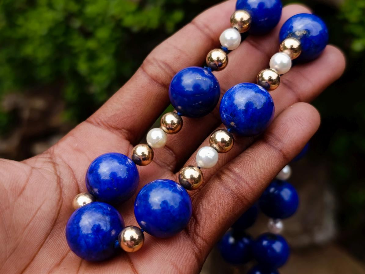 Hand Made Vintage 1980s Lapis Lazuli Pearl and Gold Plated Bead Necklace x 1 From Afghanistan