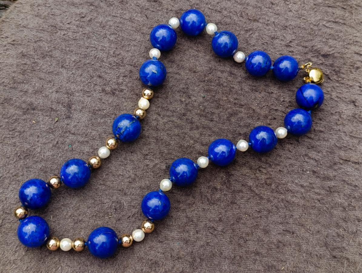 Hand Made Vintage 1980s Lapis Lazuli Pearl and Gold Plated Bead Necklace x 1 From Afghanistan