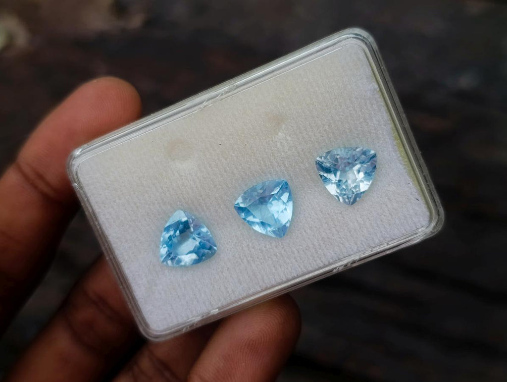Polished Matching Set of 3 Swiss Blue Topaz Faceted Trillion Cut Stones x 1 From Switzerland
