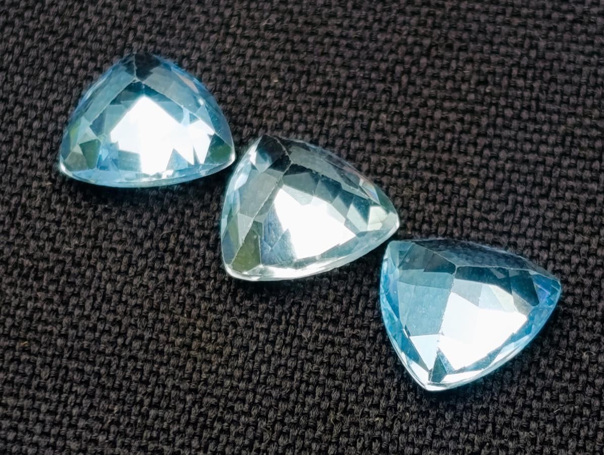 Polished Matching Set of 3 Swiss Blue Topaz Faceted Trillion Cut Stones x 1 From Switzerland