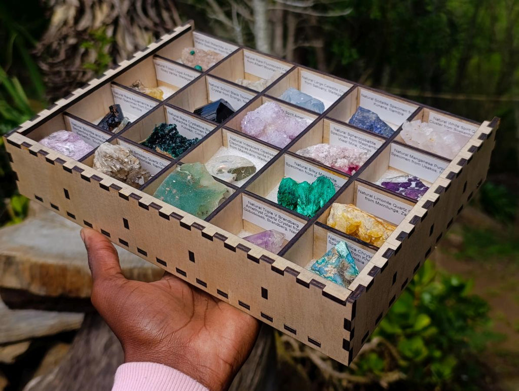 Natural Mixed Set of 20 African Mineral Crystal and Fossil Specimens in a Wooden Display Box x 1 From Southern Africa