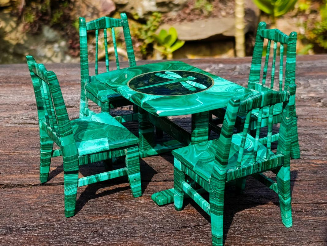 Hand Made Set of 5 Miniature Malachite Table and Four Chairs x 1 From Congo