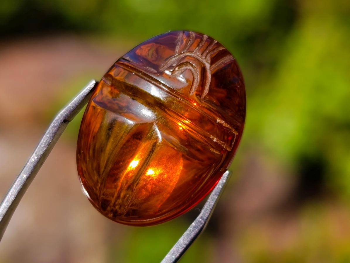 Carved Set of 3 Sacred Scarab Beetle Cabochons in Fossil Baltic Amber x 1 From Poland