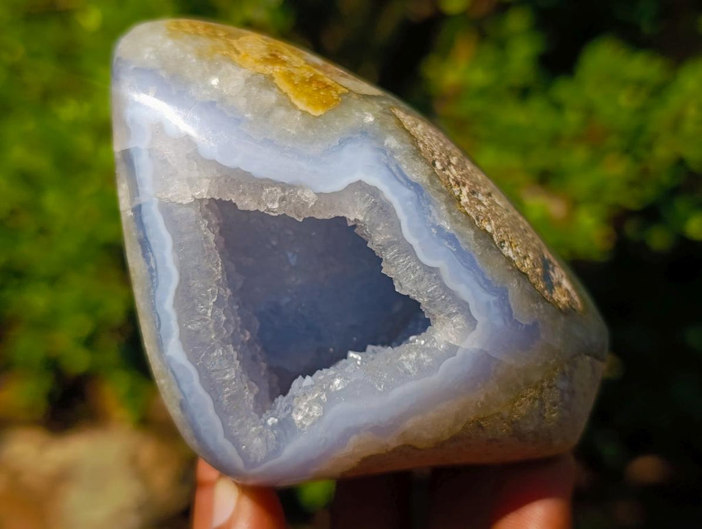 Polished and Natural Standing Blue Lace Agate Geode Display Piece x 1 From Nsanje, Malawi