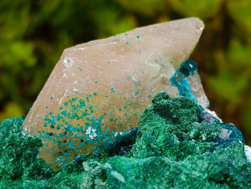 Natural Superb Dioptase and Fibrous Malachite Specimen with Dog Tooth Calcite Crystals x 1 From Mashamba East, Congo