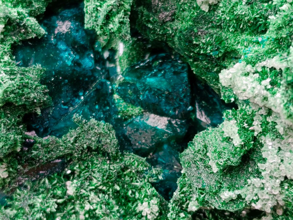 Natural Superb Dioptase and Fibrous Malachite Specimen with Dog Tooth Calcite Crystals x 1 From Mashamba East, Congo
