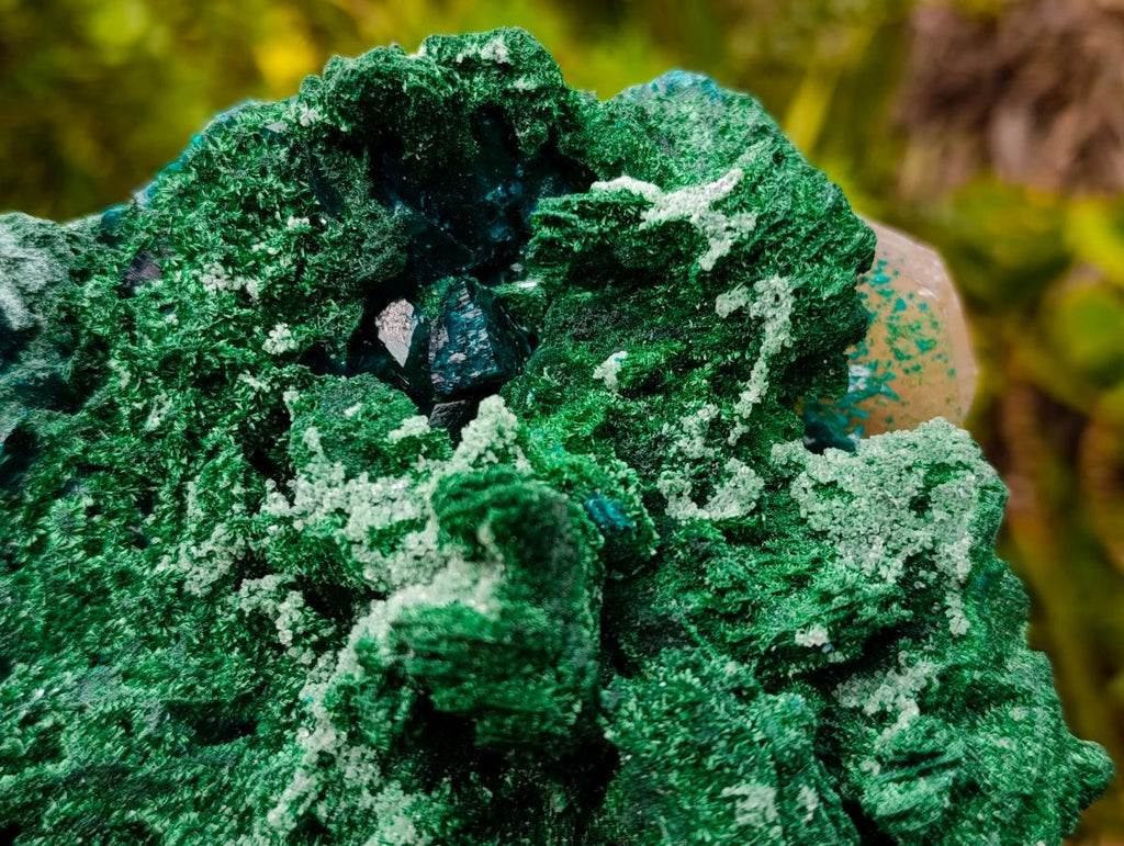 Natural Superb Dioptase and Fibrous Malachite Specimen with Dog Tooth Calcite Crystals x 1 From Mashamba East, Congo