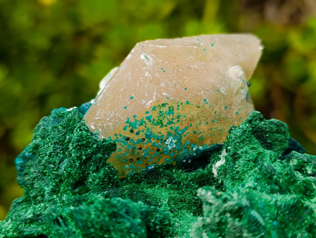 Natural Superb Dioptase and Fibrous Malachite Specimen with Dog Tooth Calcite Crystals x 1 From Mashamba East, Congo