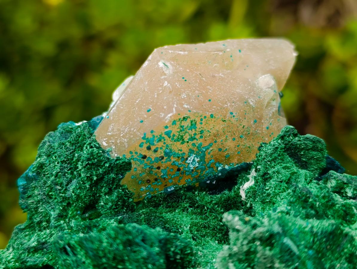 Natural Superb Dioptase and Fibrous Malachite Specimen with Dog Tooth Calcite Crystals x 1 From Mashamba East, Congo