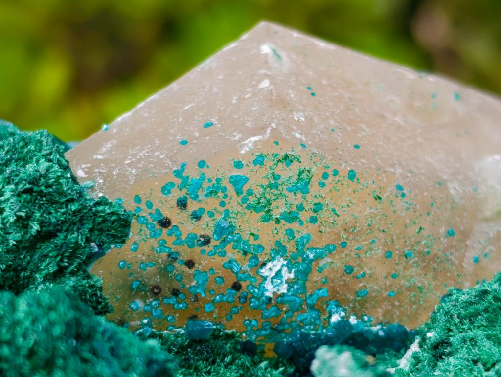 Natural Superb Dioptase and Fibrous Malachite Specimen with Dog Tooth Calcite Crystals x 1 From Mashamba East, Congo