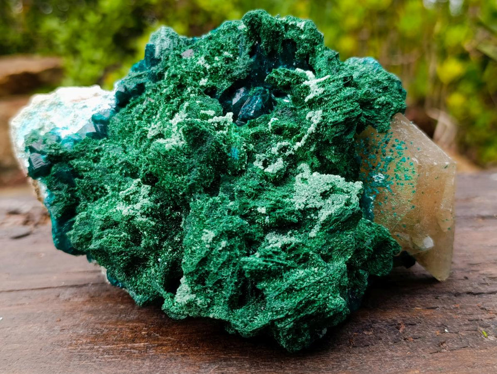 Natural Superb Dioptase and Fibrous Malachite Specimen with Dog Tooth Calcite Crystals x 1 From Mashamba East, Congo