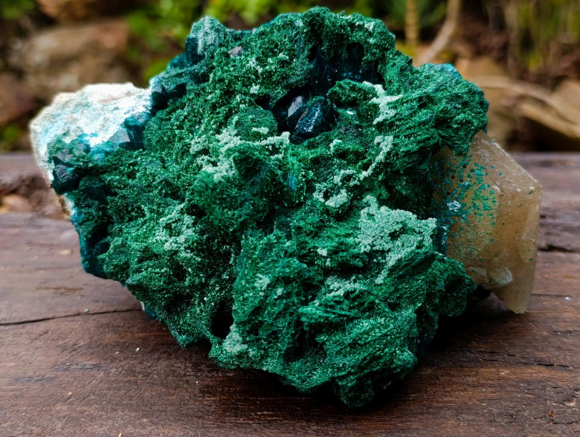 Natural Superb Dioptase and Fibrous Malachite Specimen with Dog Tooth Calcite Crystals x 1 From Mashamba East, Congo