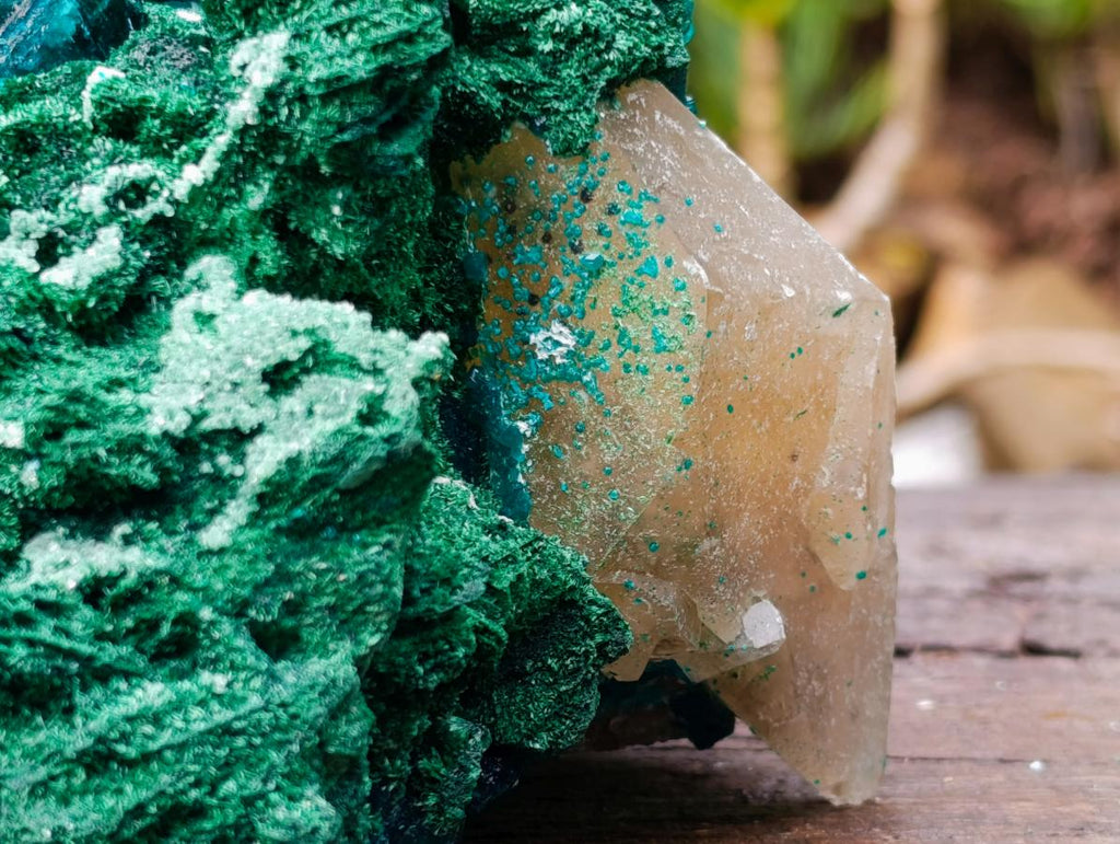 Natural Superb Dioptase and Fibrous Malachite Specimen with Dog Tooth Calcite Crystals x 1 From Mashamba East, Congo