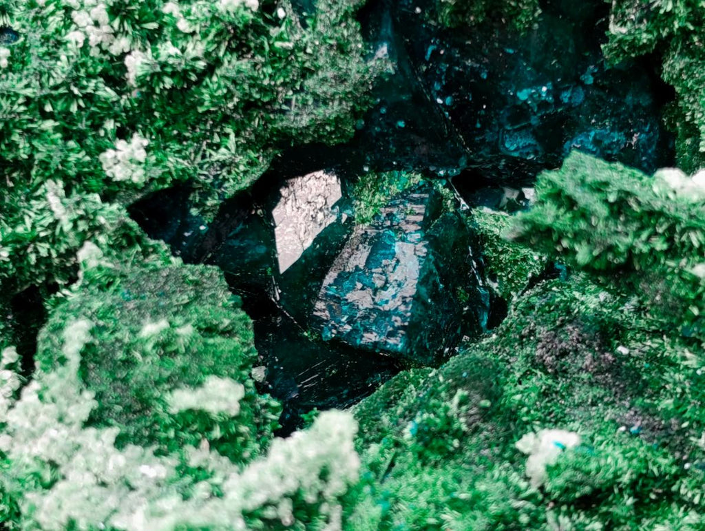 Natural Superb Dioptase and Fibrous Malachite Specimen with Dog Tooth Calcite Crystals x 1 From Mashamba East, Congo