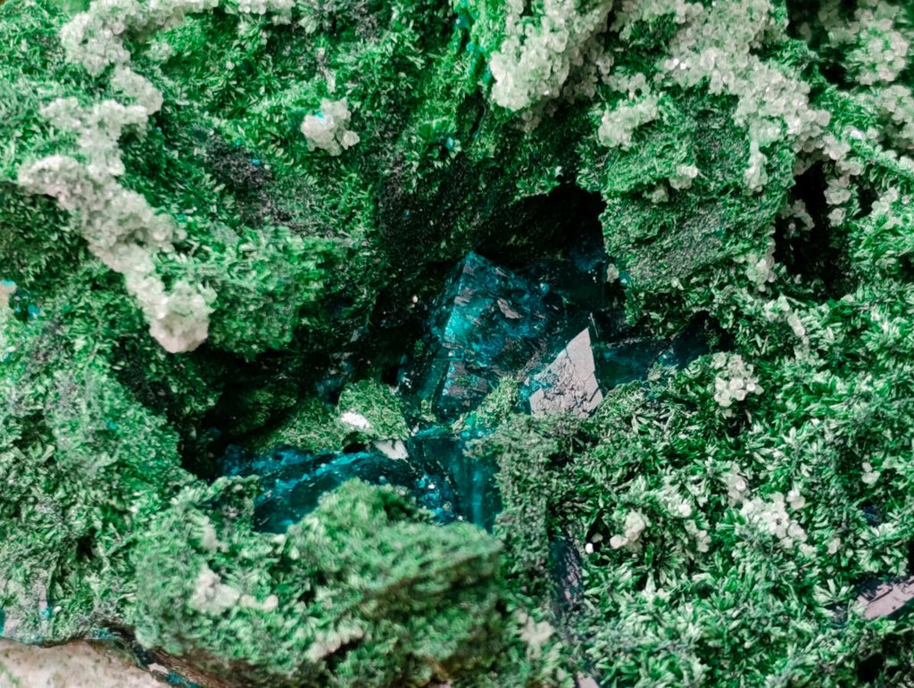 Natural Superb Dioptase and Fibrous Malachite Specimen with Dog Tooth Calcite Crystals x 1 From Mashamba East, Congo