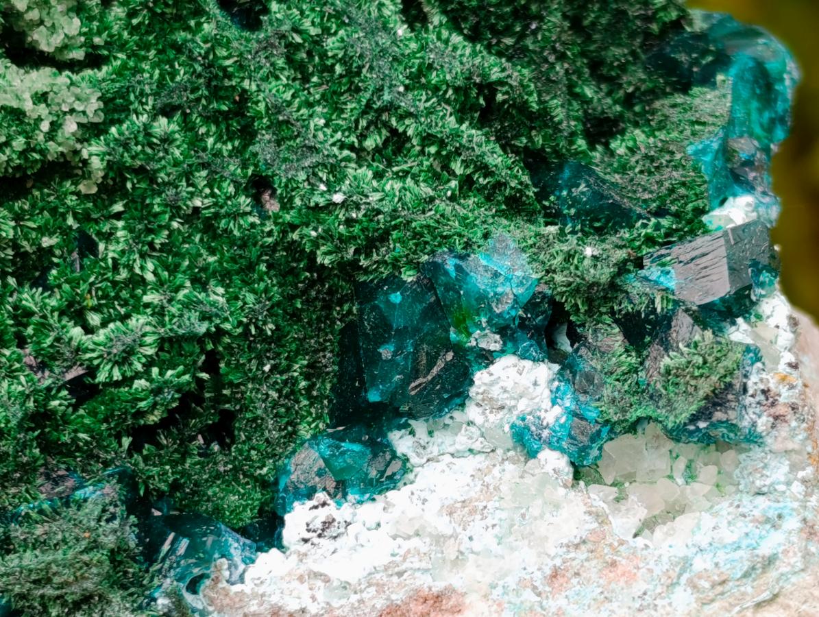 Natural Superb Dioptase and Fibrous Malachite Specimen with Dog Tooth Calcite Crystals x 1 From Mashamba East, Congo