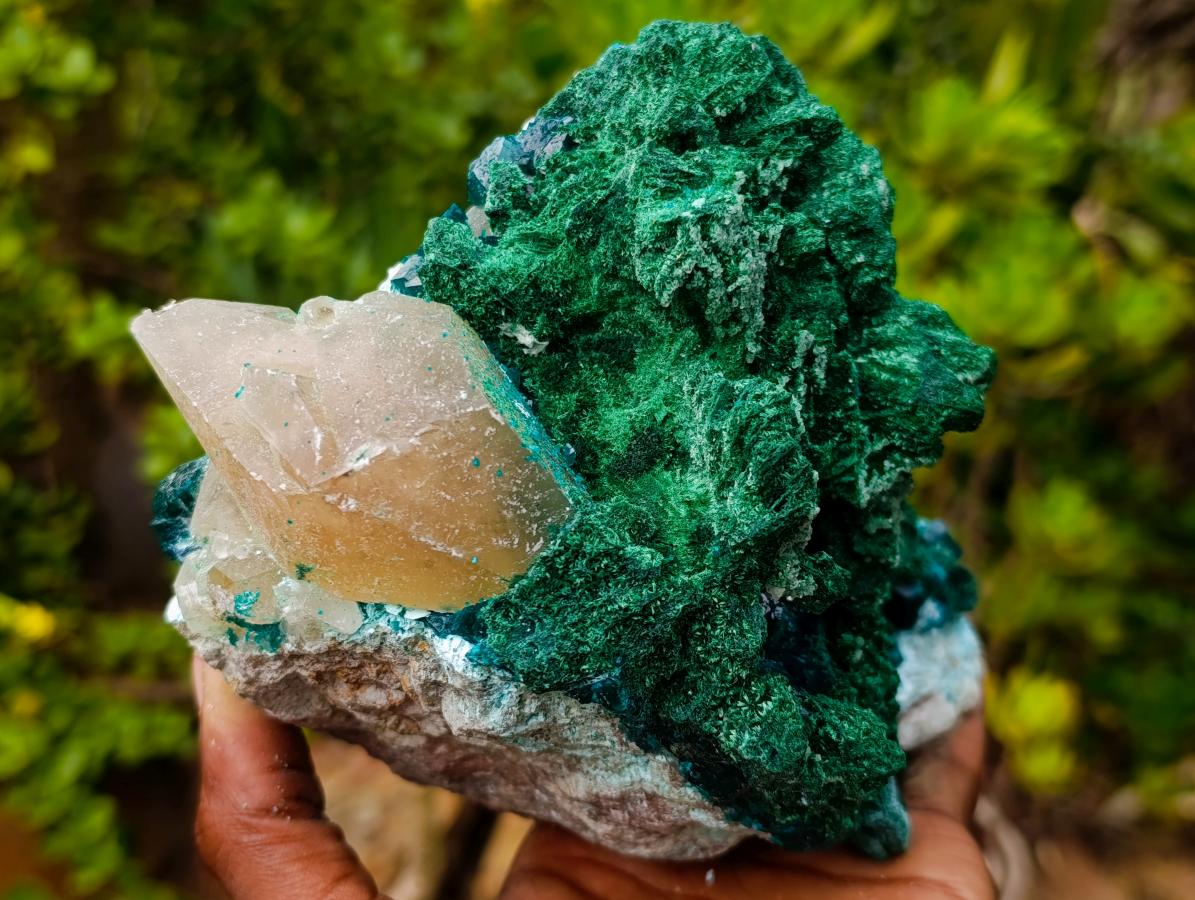 Natural Superb Dioptase and Fibrous Malachite Specimen with Dog Tooth Calcite Crystals x 1 From Mashamba East, Congo